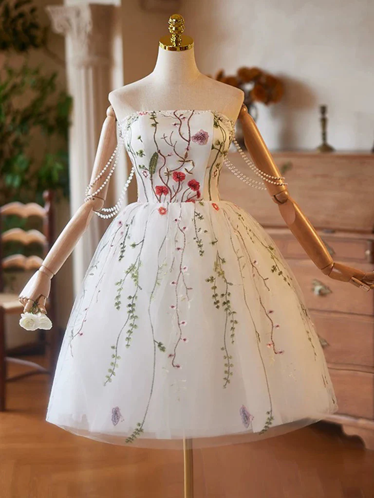White Tulle Lace Short Prom Dress, White Homecoming Dress with Beads - Deanwangkt