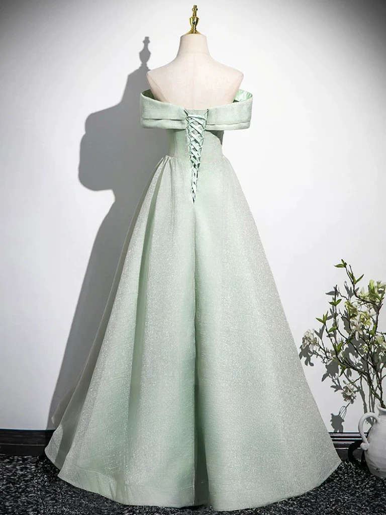 A-Line Off Shoulder Tulle Green Long Prom Dress, Green Long Formal Dress - Deanwangkt