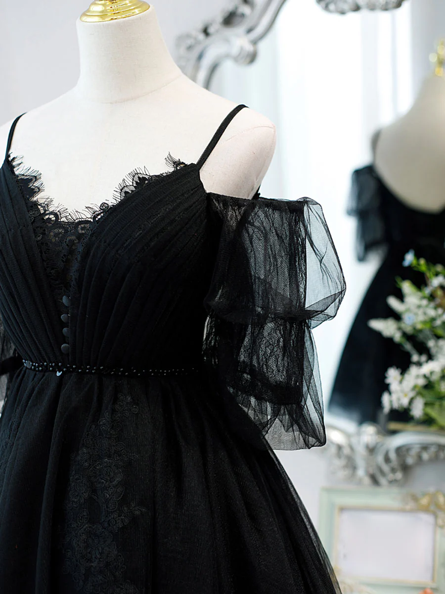 Black A line V Neck Lace Short/Mini Prom Dress, Black Puffy Homecoming Dresses - Deanwangkt