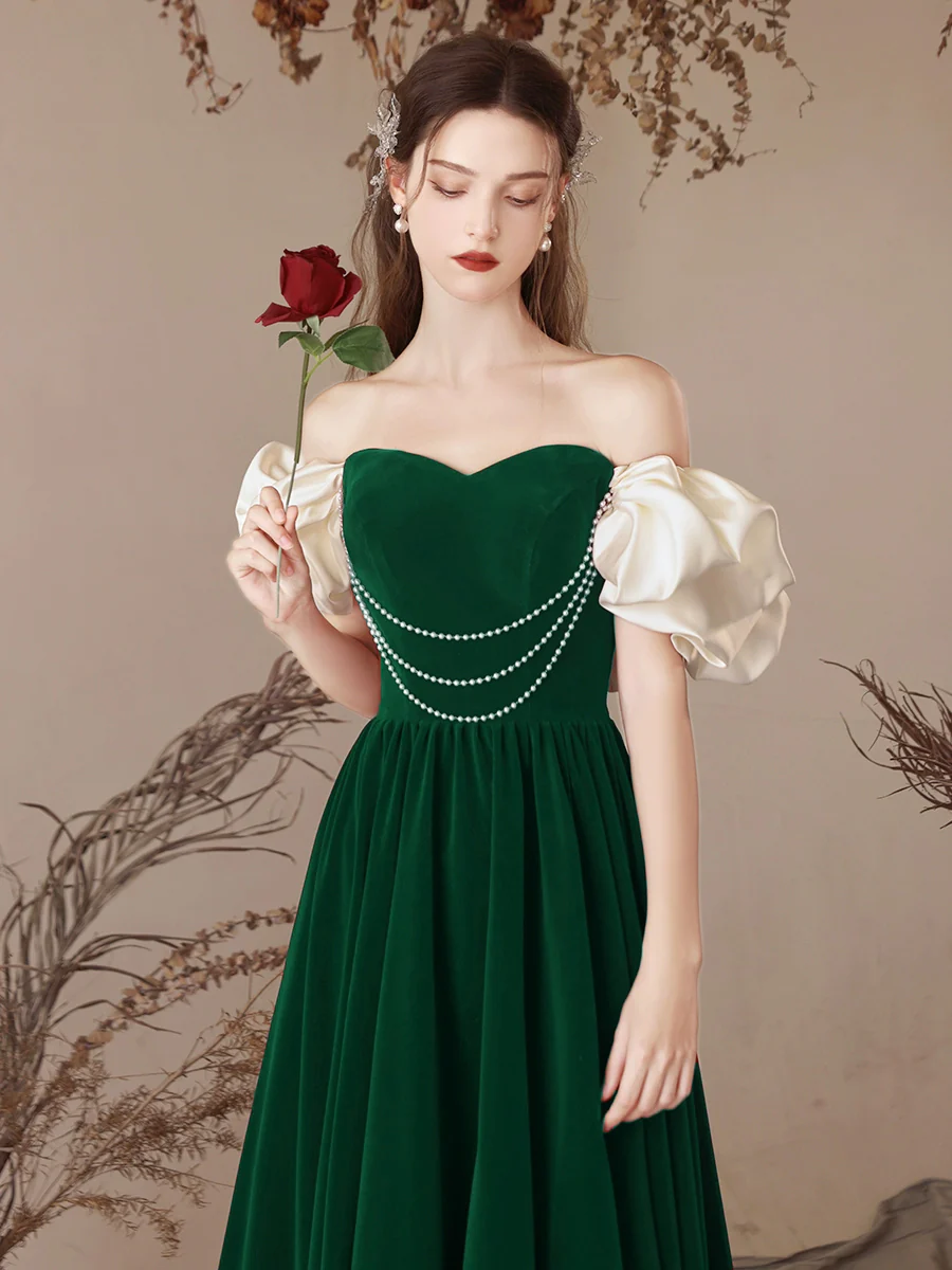 A-Line Sweetheart Neck Velvet Green Long Prom Dress, Green Long Formal Dress - Deanwangkt