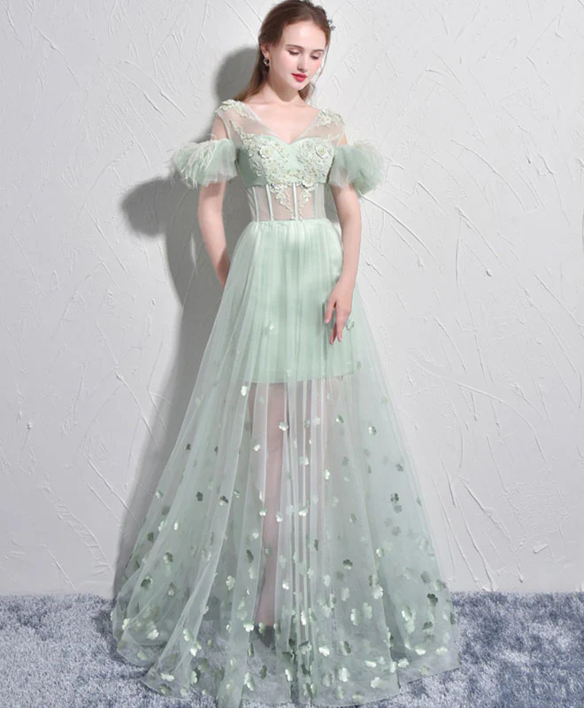 Unique Green Tulle V Neck Long Prom Dress, Green Evening Dress - Deanwangkt
