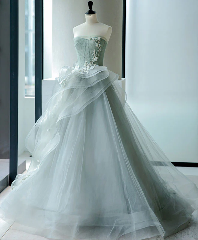 Unique Tulle Lace Gray Green Long Prom Gown, Tulle Lace Evening Dress - Deanwangkt