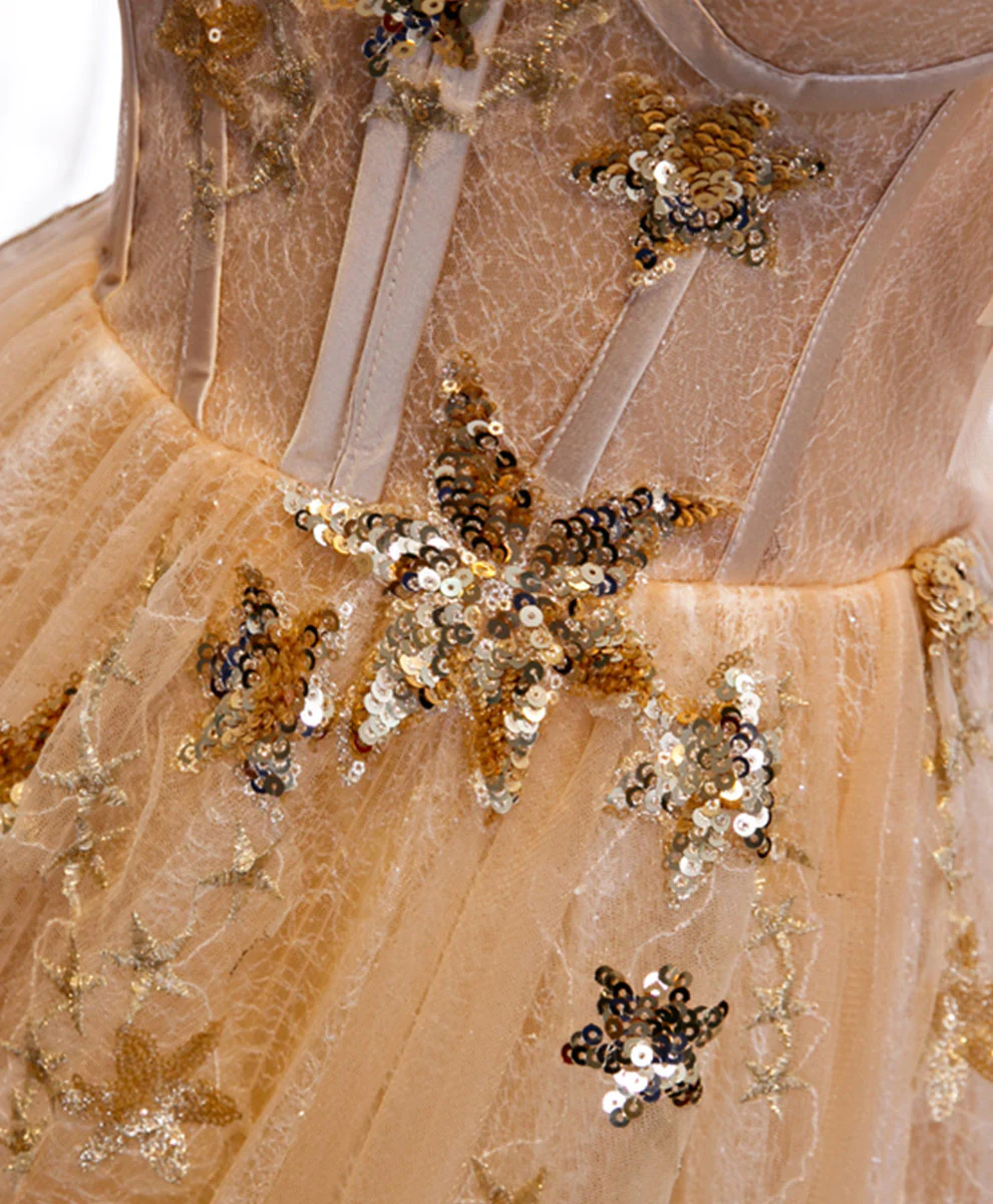 Champagne Round Neck Tulle Lace Long Prom Dress Formal Dress - Deanwangkt