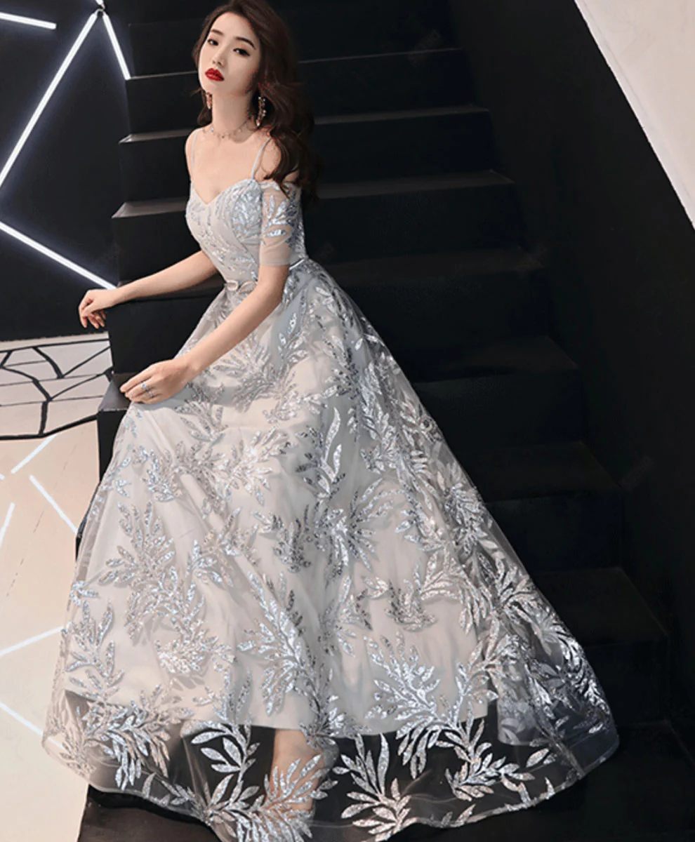 Gray Tulle Lace Long Prom Dress Gray Lace Evening Dress - Deanwangkt