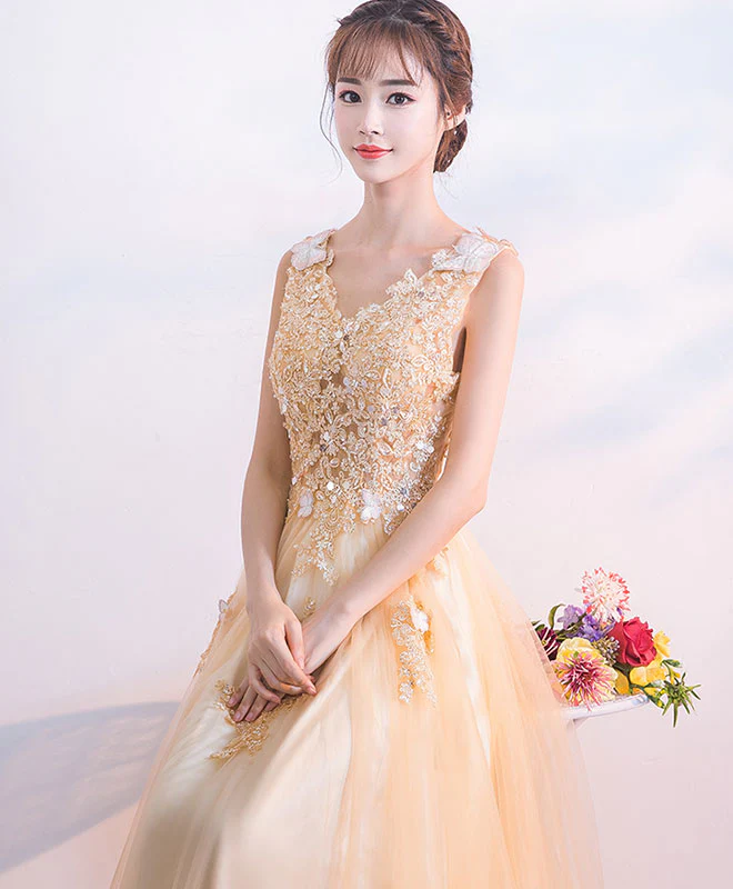 Champagne Tulle Lace Long Prom Dress. Champagne Tulle Evening Dress - Deanwangkt