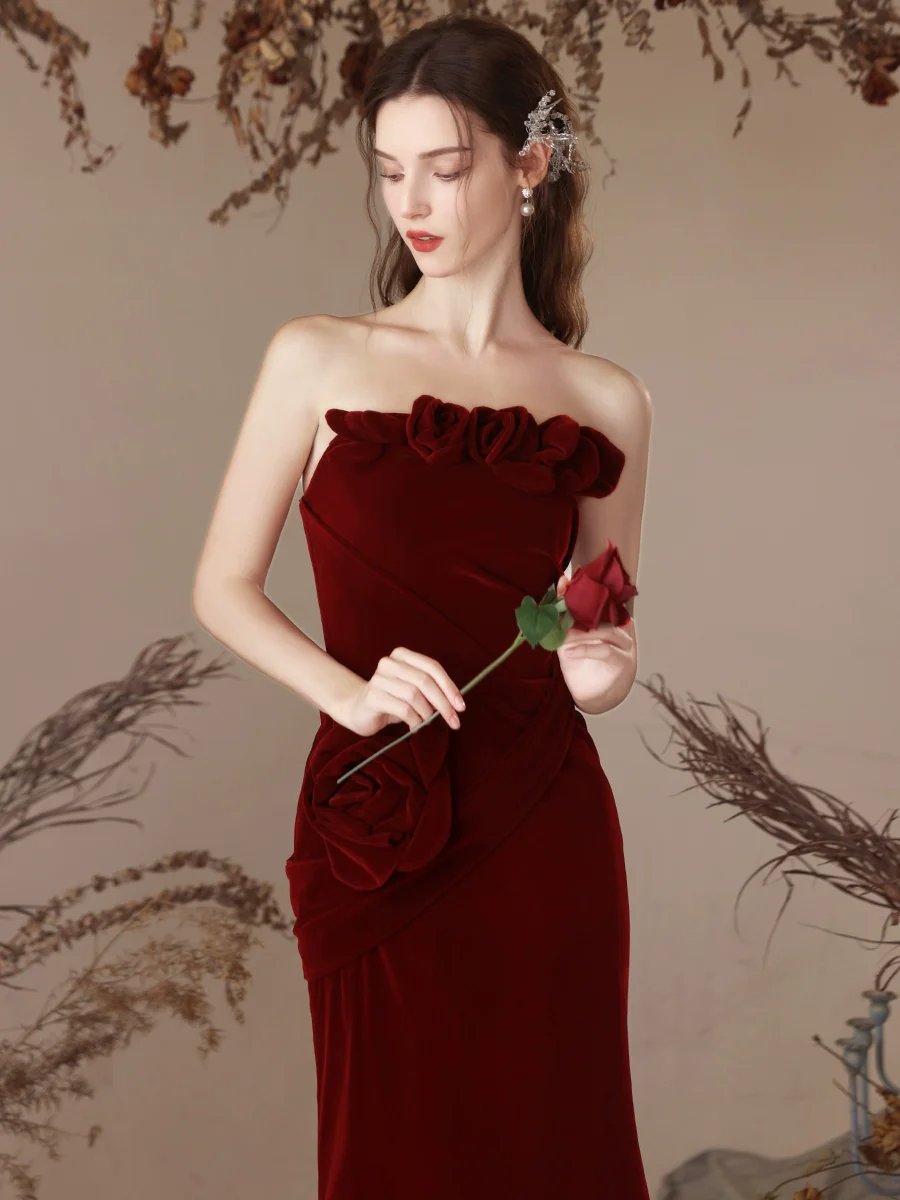 Unique Mermaid Velvet Burgundy Long Prom Dress, Burgundy Evening Dress - Deanwangkt