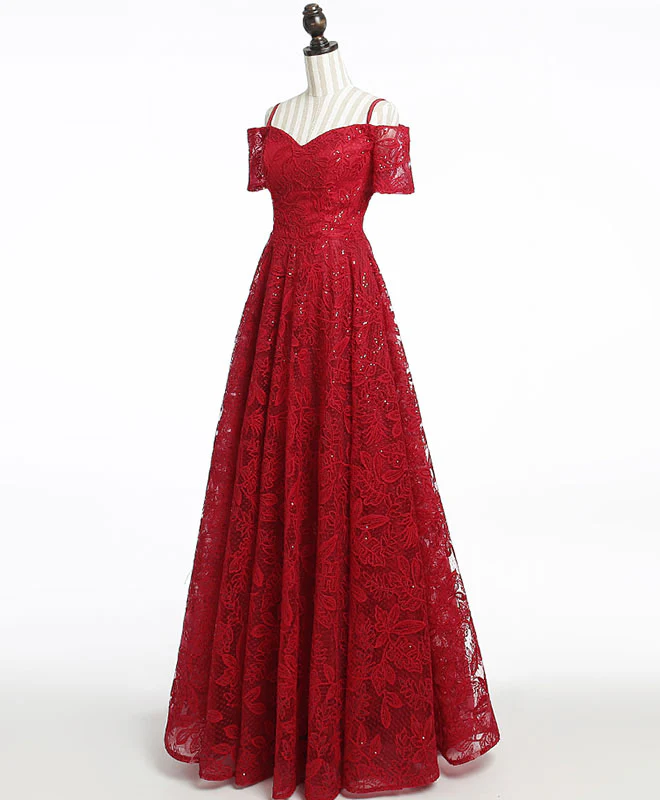 Unique Burgundy Lace Long Prom Dress, Burgundy Evening Dress - Deanwangkt