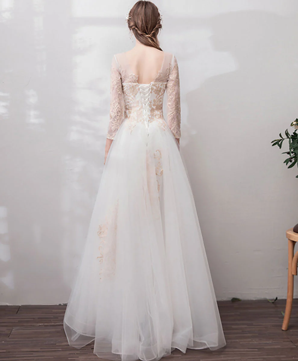 White Round Neck Tulle Lace Long Prom Dress Lace Formal Dress - Deanwangkt