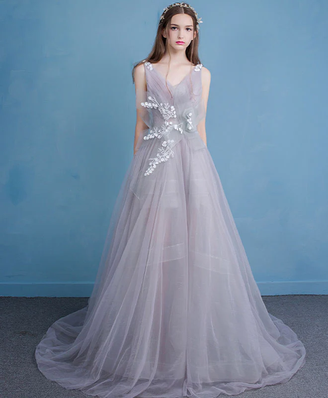 Stylish Gray Tulle Lace Long Prom Dress, Evening Dress - Deanwangkt