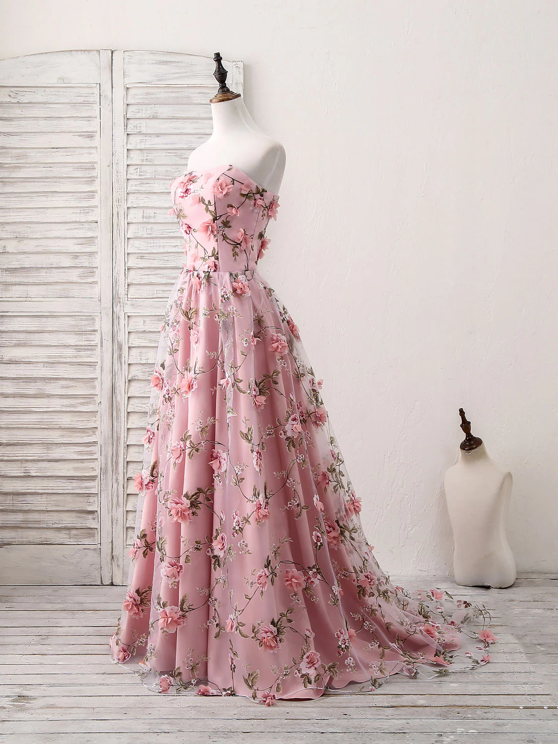 Pink Sweetheart Neck Tulle 3D Applique Long Prom Dress, Pink Evening Dress - Deanwangkt