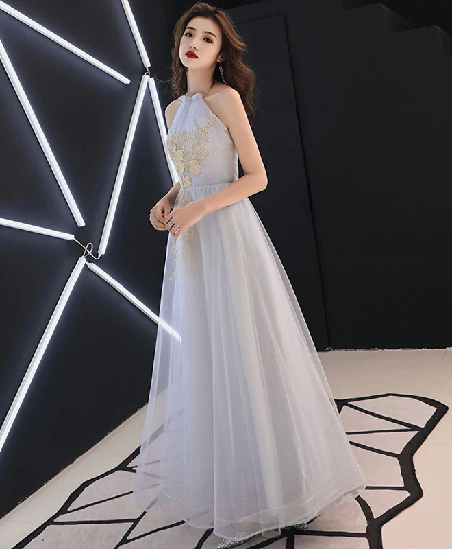 Gray Tulle Lace Long Prom Dress, Gray Tulle Evening Dress - Deanwangkt