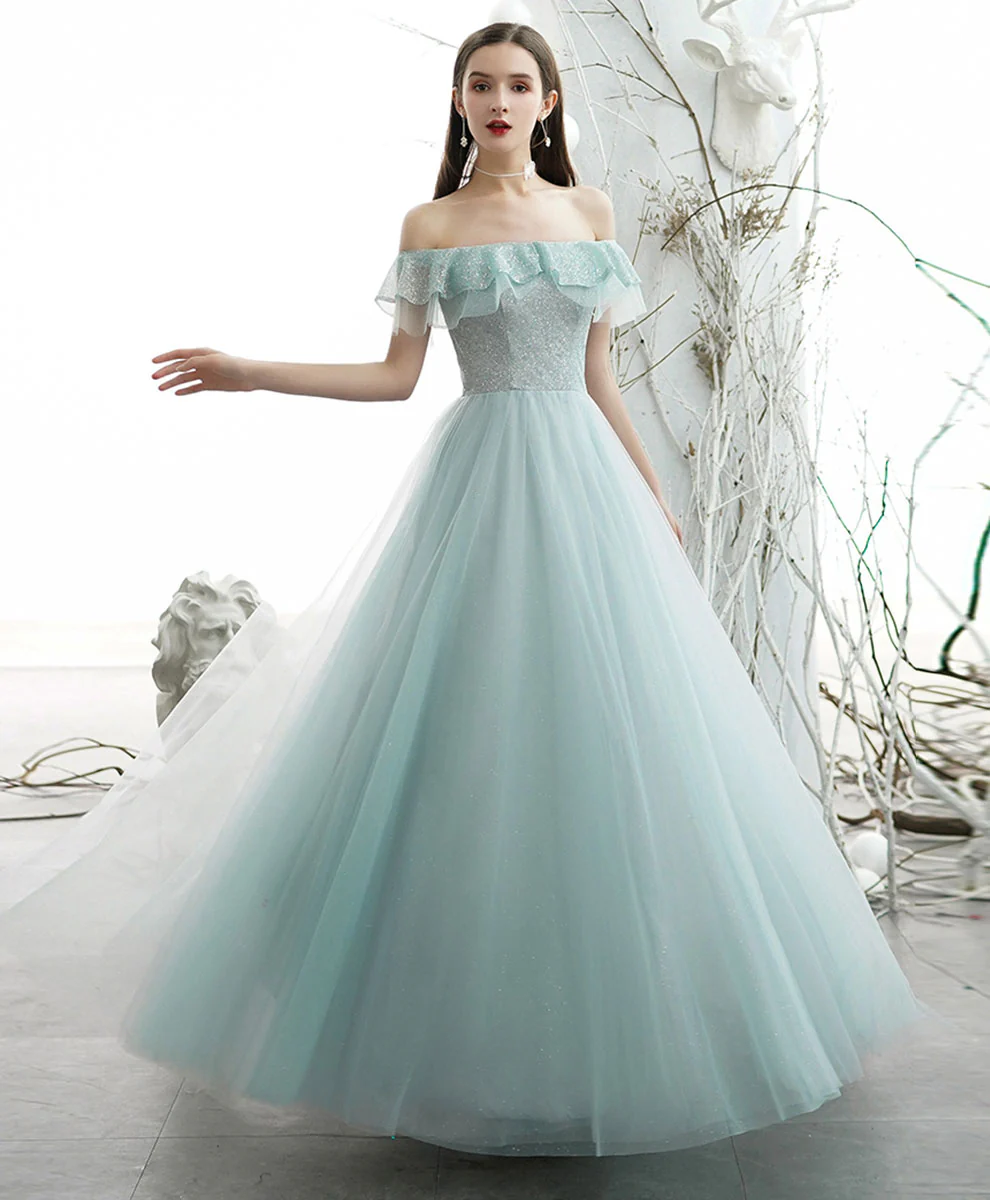 Green Tulle Sequin Long Prom Dress, Green Formal Graduation Dress - Deanwangkt