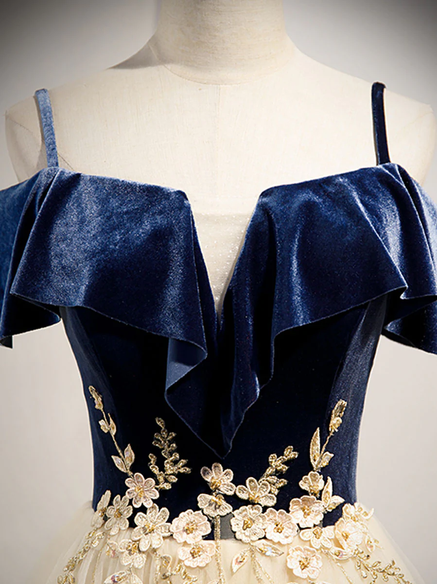 Champagne Tulle Lace Long Prom Dress, Champagne Evening Dress - Deanwangkt