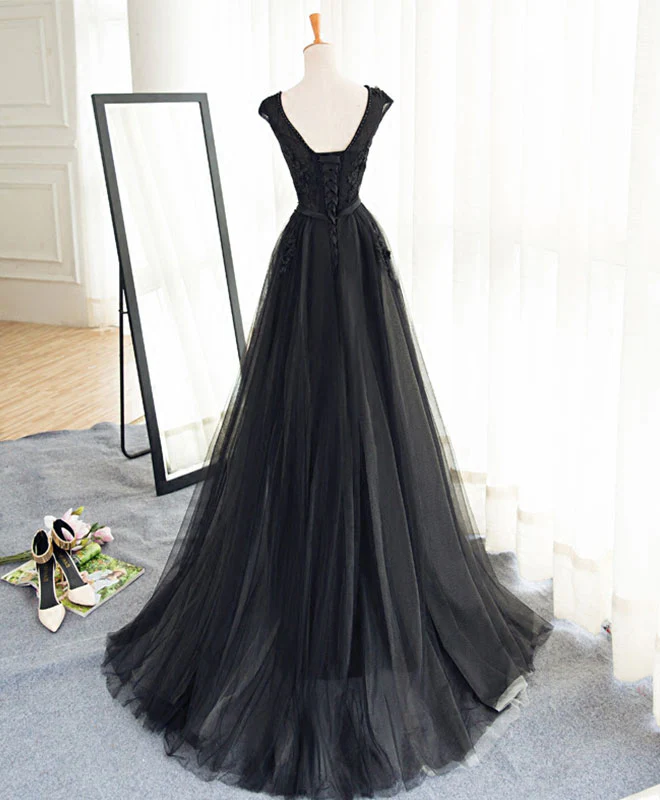 Black A Line Tulle Lace Long Prom Dress, Evening Dress - Deanwangkt