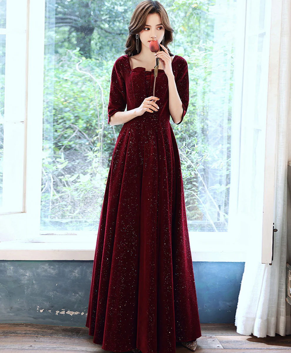 Burgundy Velvet Long Prom Dress Burgundy, Velvet Formal Evening Dress - Deanwangkt