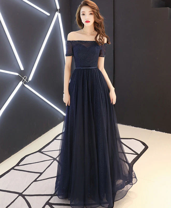 Dark Blue Tulle Long Prom Dress, Blue Tulle Evening Dress - Deanwangkt