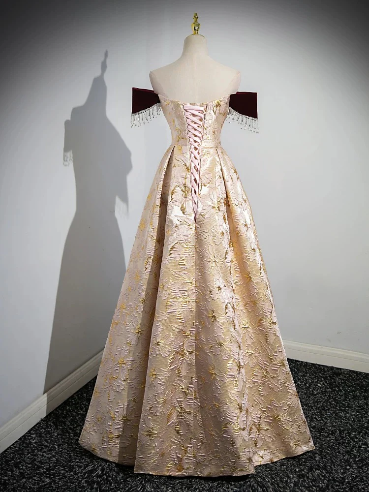 A-Line Off Shoulder Satin Champagne Long Prom Dress, Champagne Long Formal Dress - Deanwangkt