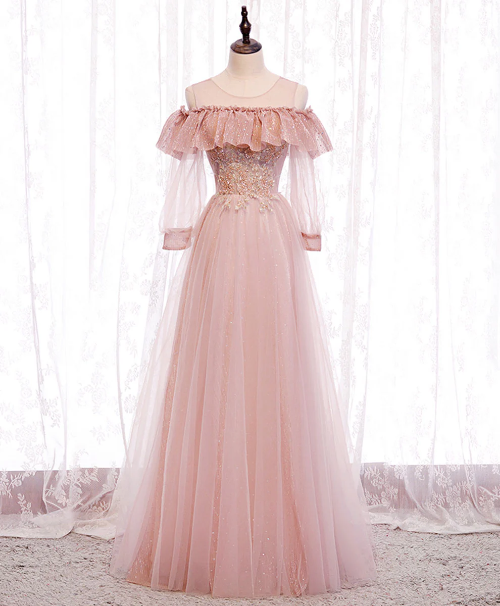Pink Round Neck Tulle Lace Long Prom Dress Pink Lace Evening Dress - Deanwangkt