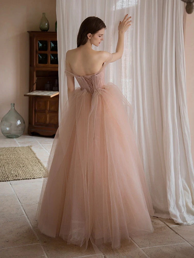 Pink Sweetheart Neck Tulle Long Prom Dress, Pink Evening Dress - Deanwangkt