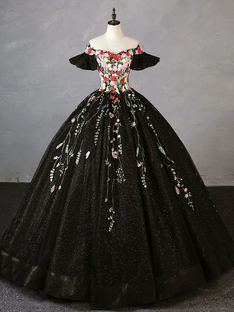 A- Line Tulle Lace Black Long Prom Dress, Black Lace Sweet 16 Dress - Deanwangkt
