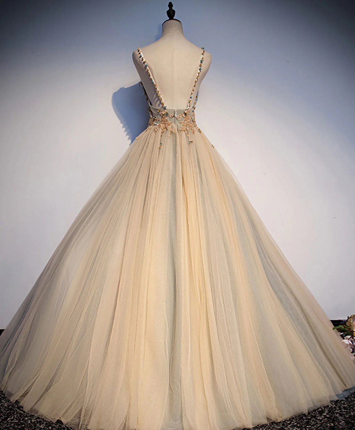 Champagne V Neck Tulle Sequin Beads Long Prom Dress Tulle Formal Dress - Deanwangkt