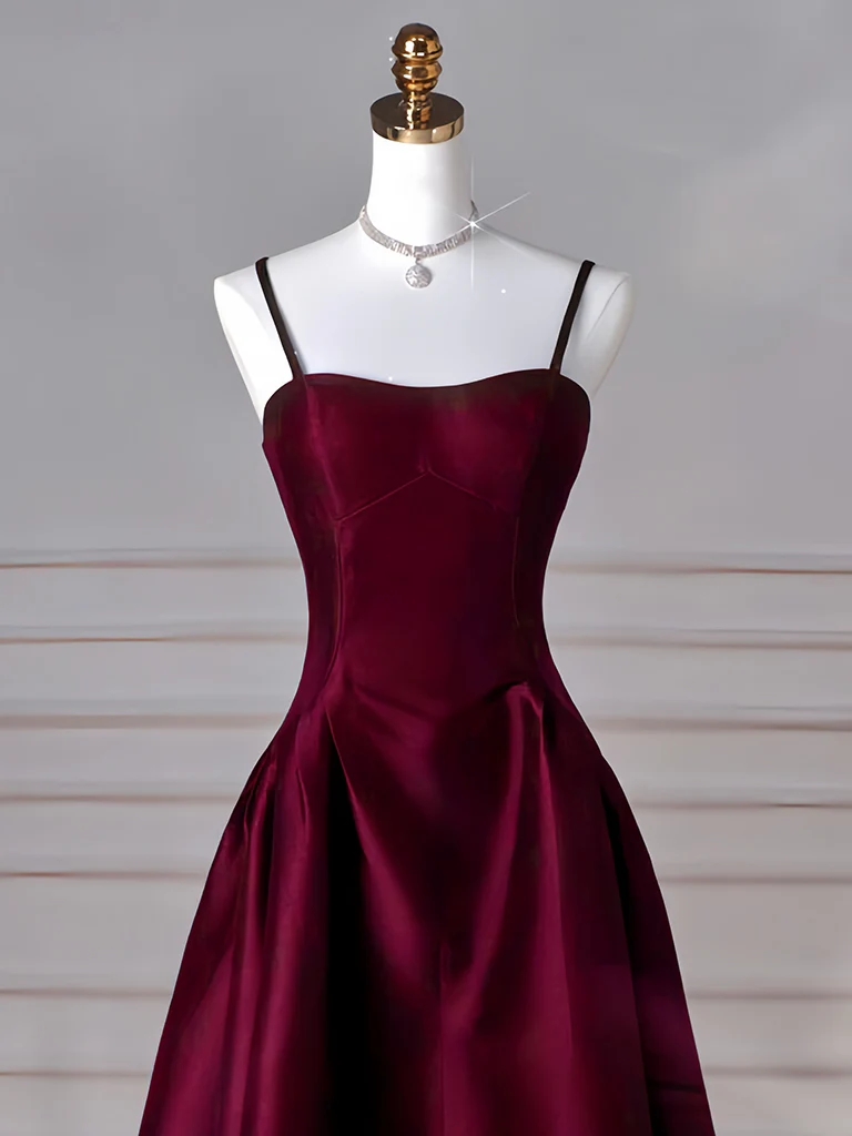 A-Line Satin Burgundy Long Prom Dress, Burgundy Long Formal Dress - Deanwangkt