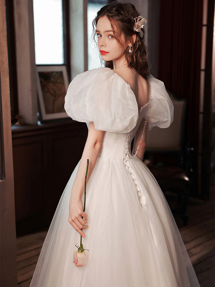 White Tulle Puffy Sleeves Long Prom Dress, White Tulle Sweet 16 Dresses - Deanwangkt
