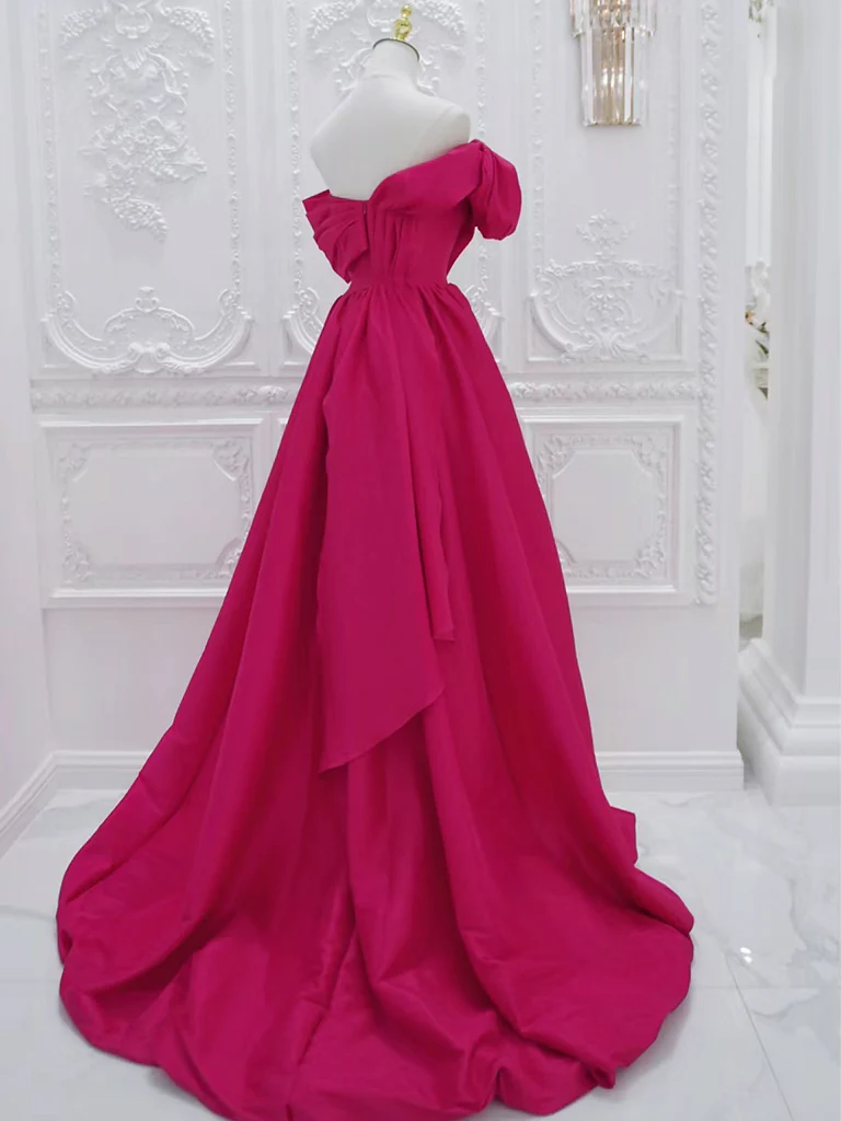 A-Line Off Shoulder Satin Rose Red Long Prom Dress, Rose Red Long Evening Dress - Deanwangkt