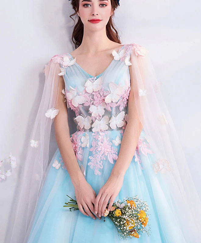 Blue V Neck Tulle Long Prom Dress, Blue Tulle Evening Dress - Deanwangkt