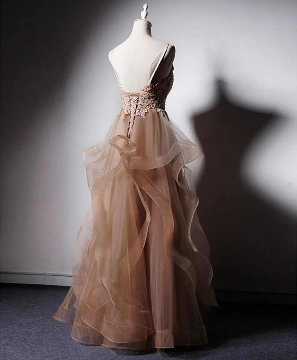 Champagne V Neck Tulle Lace Long Prom Dress, Champagne Graduation Dress - Deanwangkt