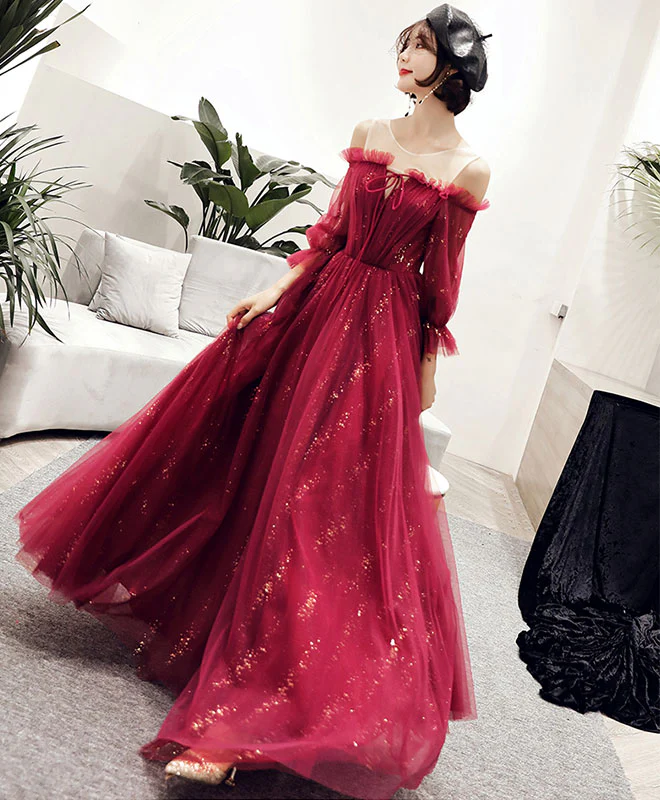 Dark Red Tulle Lace Long Prom Dress, Dark Red  Evening Dress - Deanwangkt
