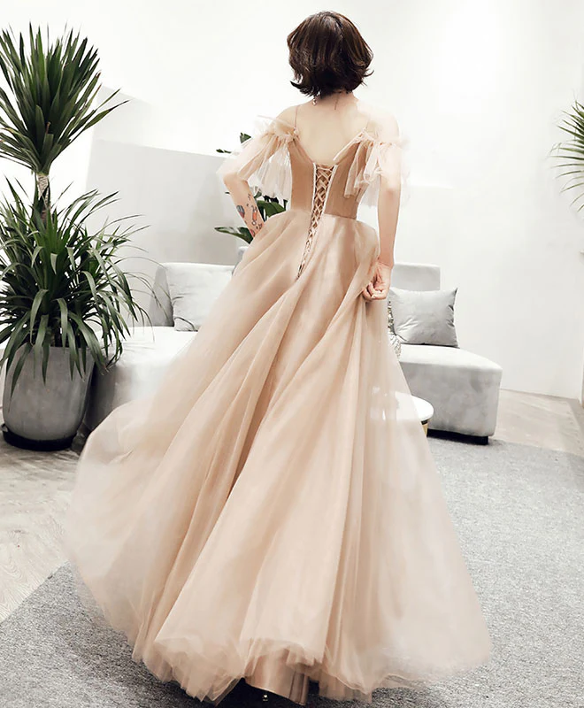 Champagne Tulle Lace Long Prom Dress, Champagne Evening Dress - Deanwangkt