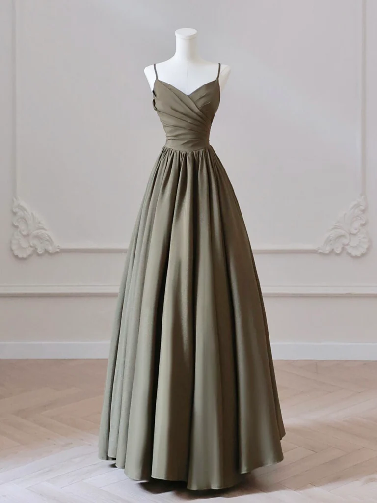 A-Line V Neck Satin Olive Green Long Prom Dress, Olive Green Long Formal Dress - Deanwangkt