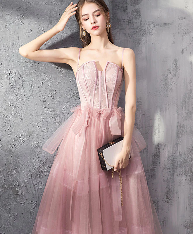 Pink Tulle Lace Long Prom Dress, Pink Evening Graduation Dress - Deanwangkt
