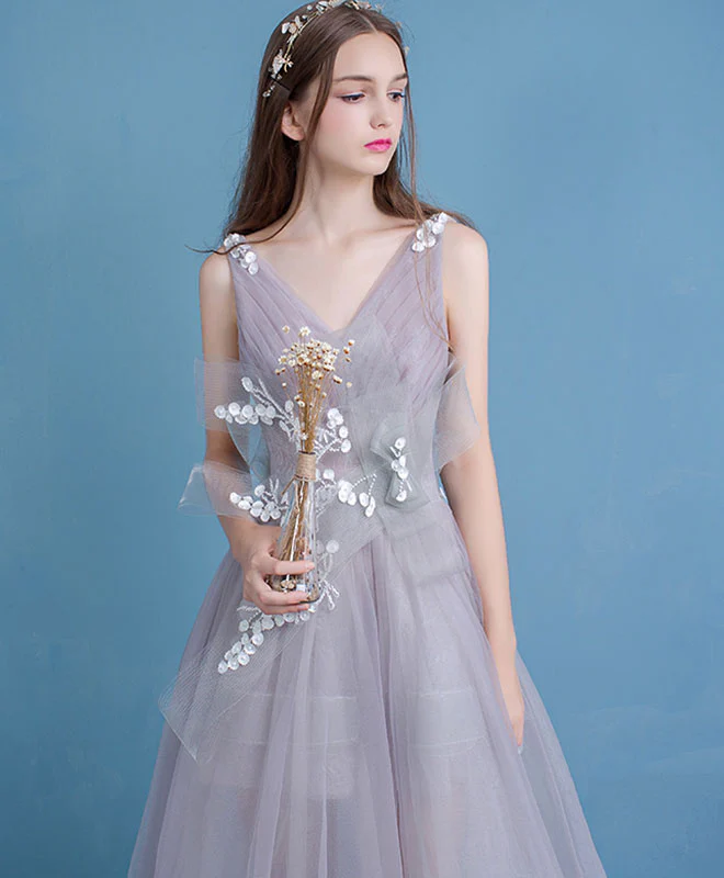 Stylish Gray Tulle Lace Long Prom Dress, Evening Dress - Deanwangkt