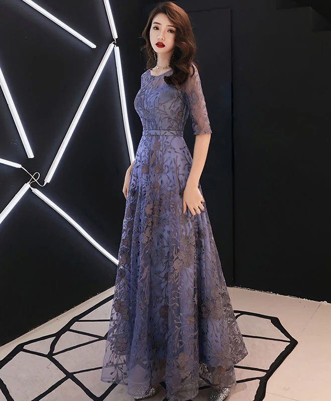 Blue Round Neck Tulle Lace Long Prom Dress, Lace Evening Dress - Deanwangkt