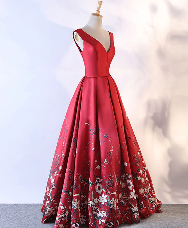 Red Floral Pattern Long Prom Dress, Red Evening Dress - Deanwangkt