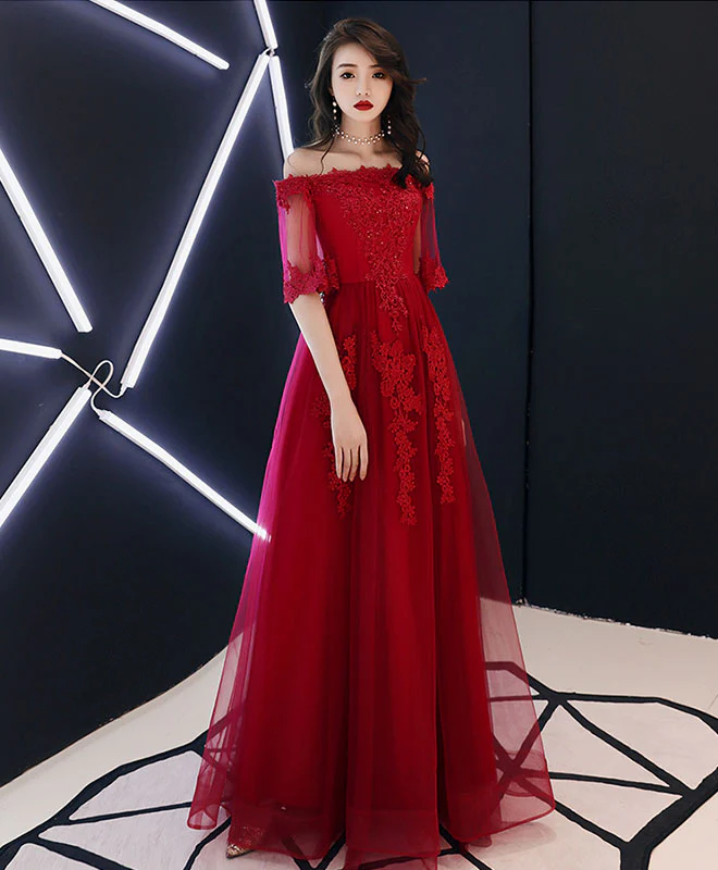 Simple Tulle Lace Long Burgundy Prom Dress, Burgundy Tulle Evening Dress - Deanwangkt