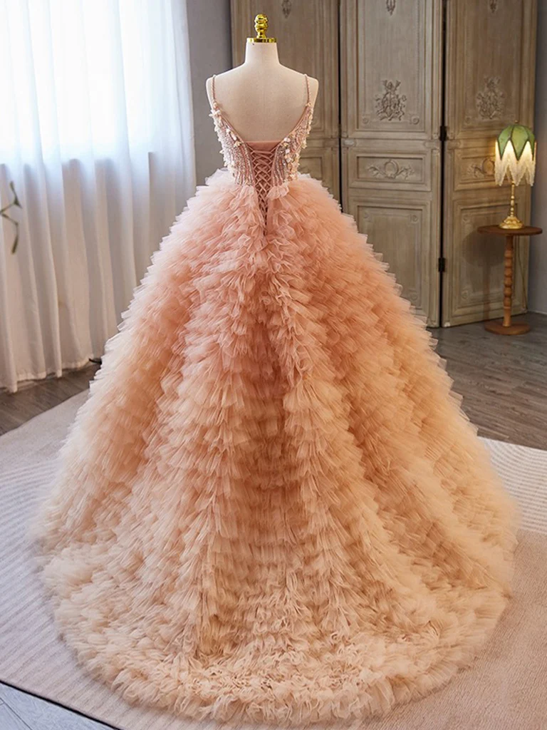 Unique V Neck Tulle Sequin Orange Pink Long Prom Dress, Orange Pink Sweet 16 Dress - Deanwangkt