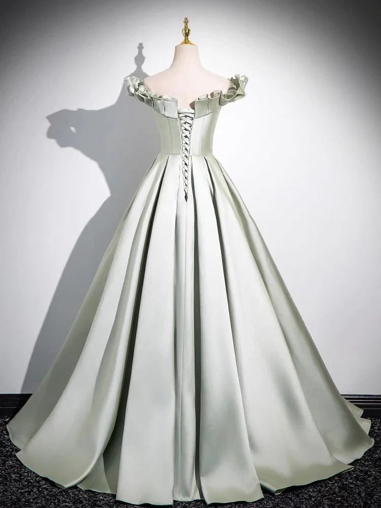 A-Line Off Shoulder Satin Light Green Long Prom Dress, Green Long Formal Dress - Deanwangkt