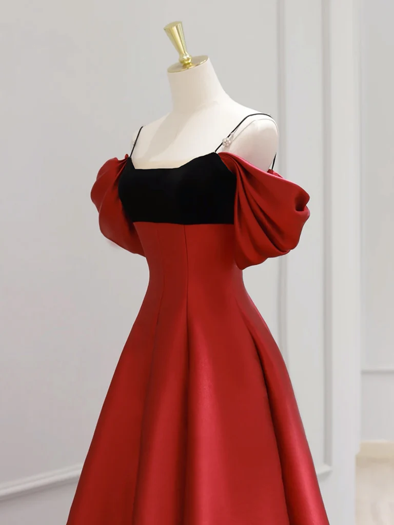 A-Line Off Shoulder Satin Dark Red Long Prom Dress, Red Long Formal Dress - Deanwangkt