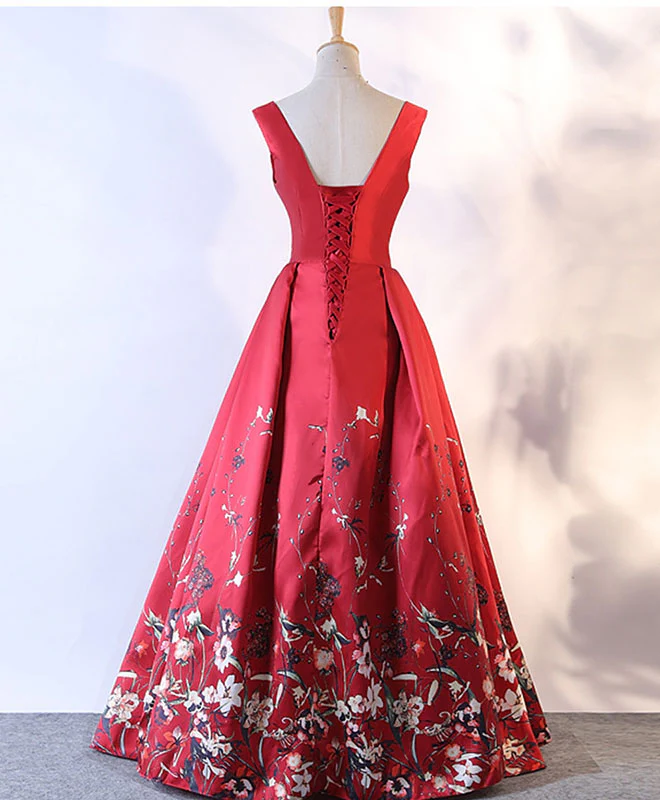Red Floral Pattern Long Prom Dress, Red Evening Dress - Deanwangkt