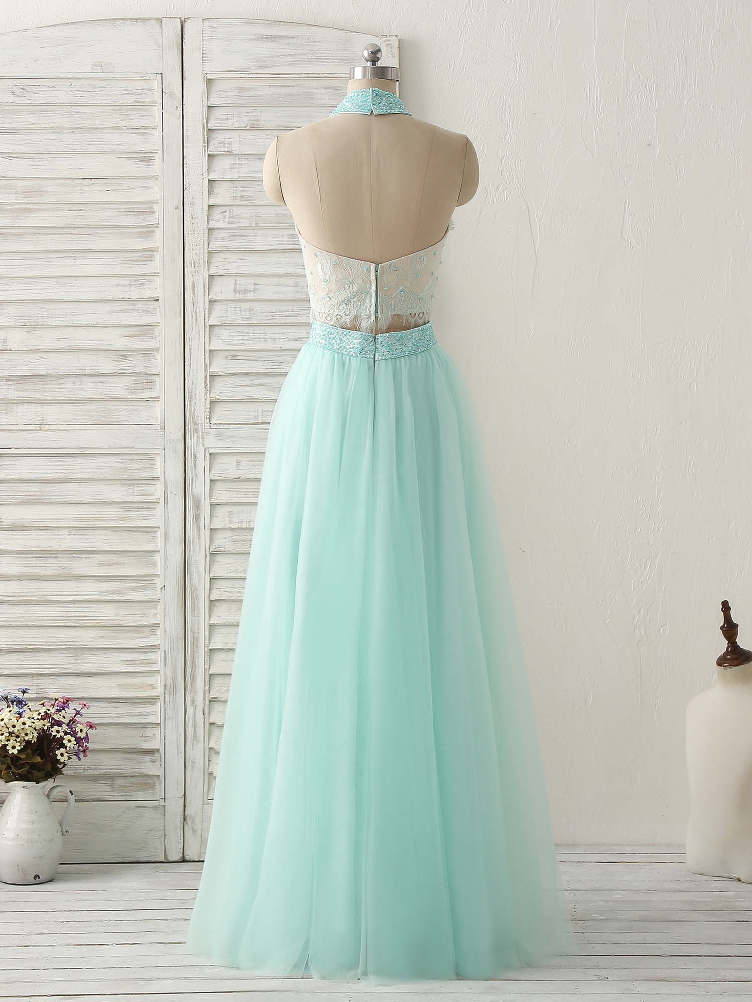 Green Tulle Two Pieces Long Prom Dress Lace Beads Formal Dress - Deanwangkt