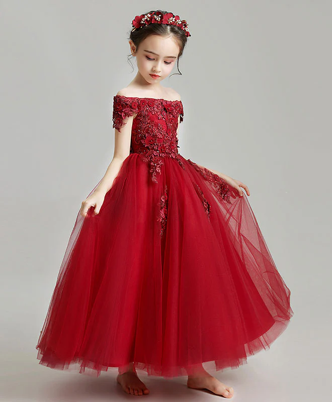 Burgundy Tulle Lace Flower Girl Dress, Burgundy Girl Party Dress - Deanwangkt
