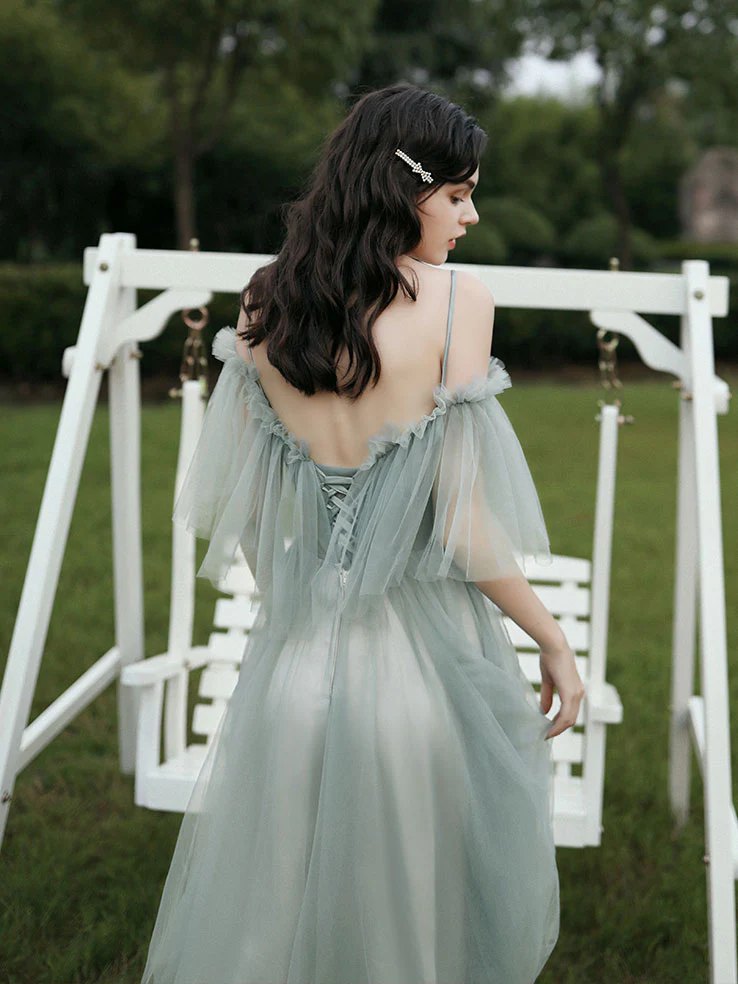 Gray Green Tulle Lace Short Prom Dresses, Gray Tulle Bridesmaid Dress - Deanwangkt