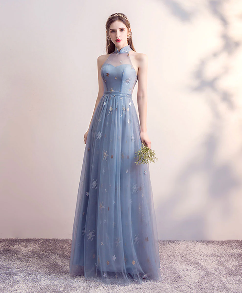 Blue Tulle Long Prom Dress, Blue Aline Bridesmaid Dress - Deanwangkt