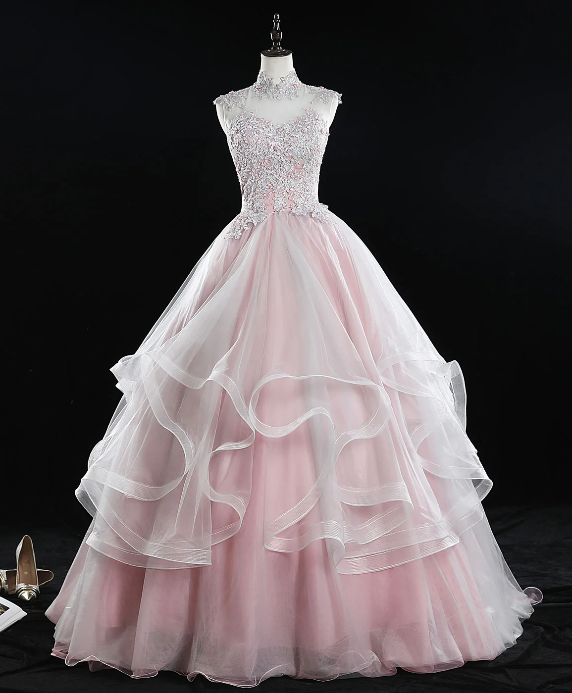 Pink High Neck Tulle Lace Long Sweet 16 Dress Tulle Lace Pink Prom Dress - Deanwangkt