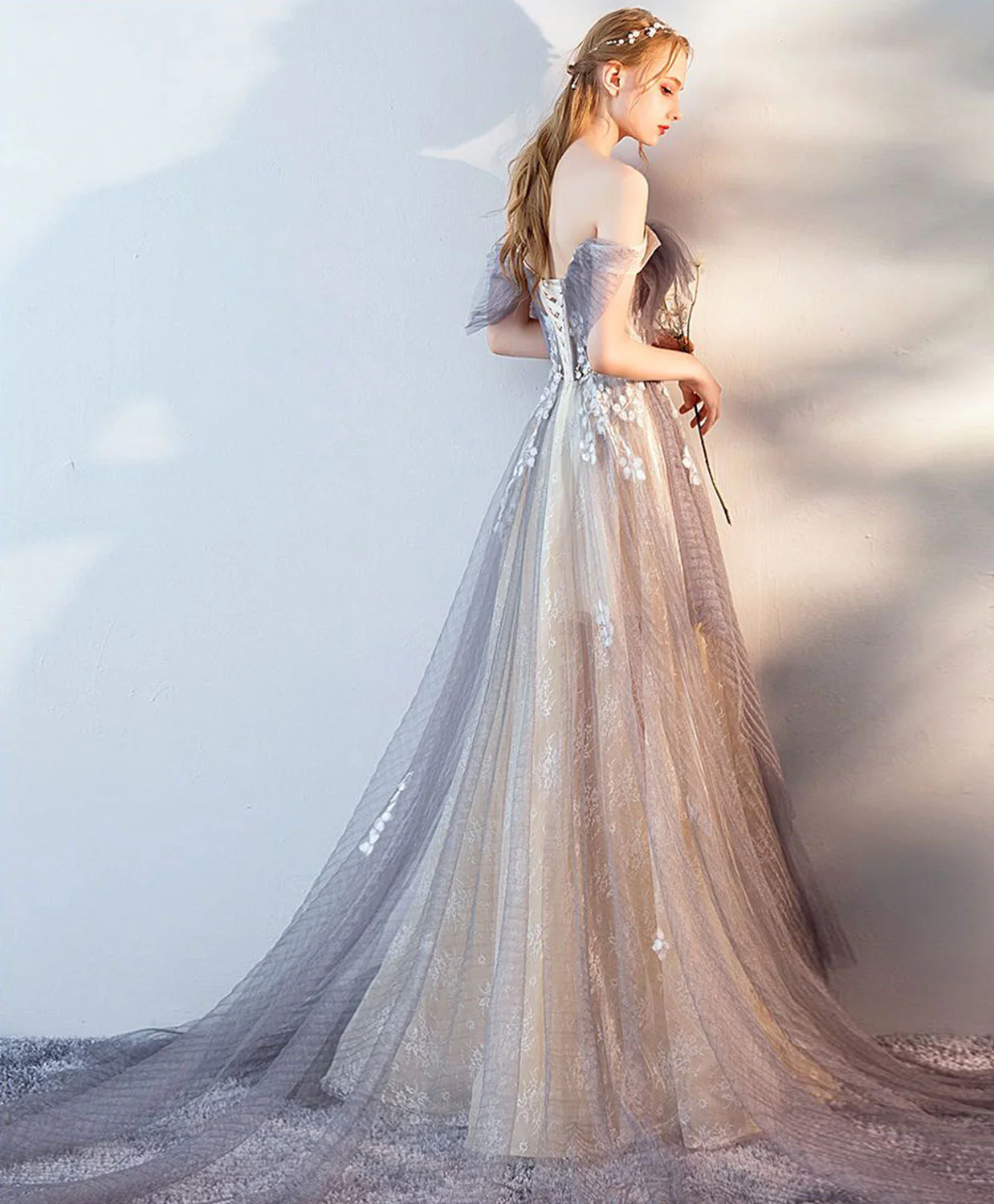 Gray Tulle Lace Long Prom Dress, Gray Tulle Lace Evening Dress - Deanwangkt