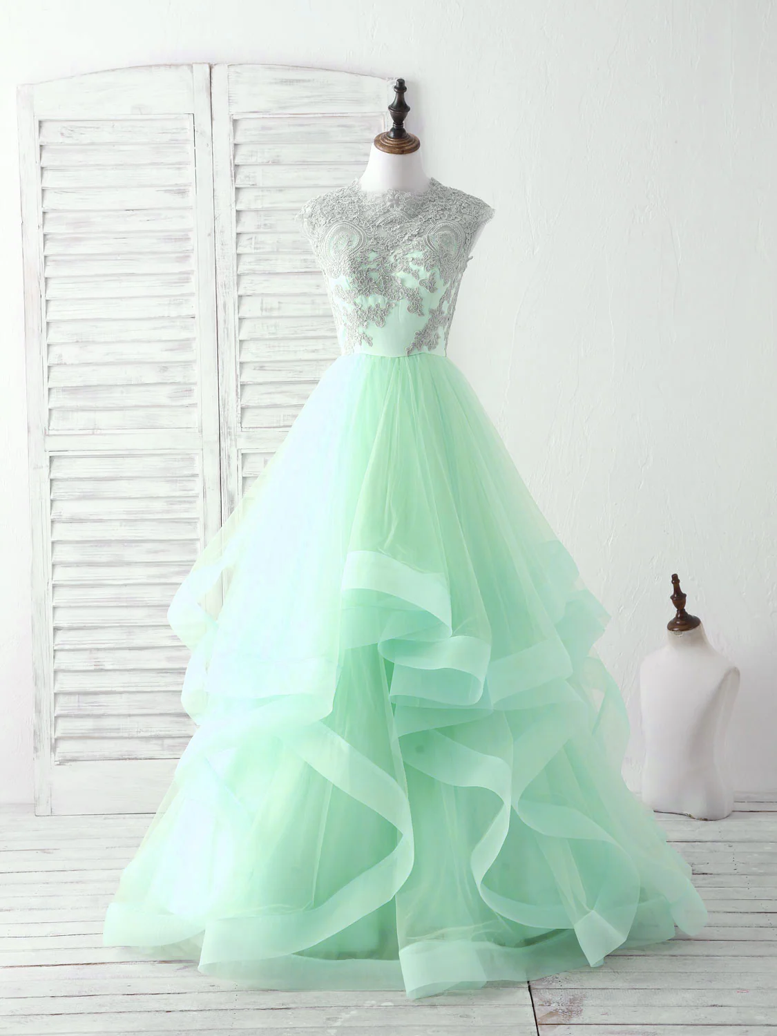 Green Tulle Lace Applique Long Prom Dress Blue Tulle Sweet 16 Dress - Deanwangkt