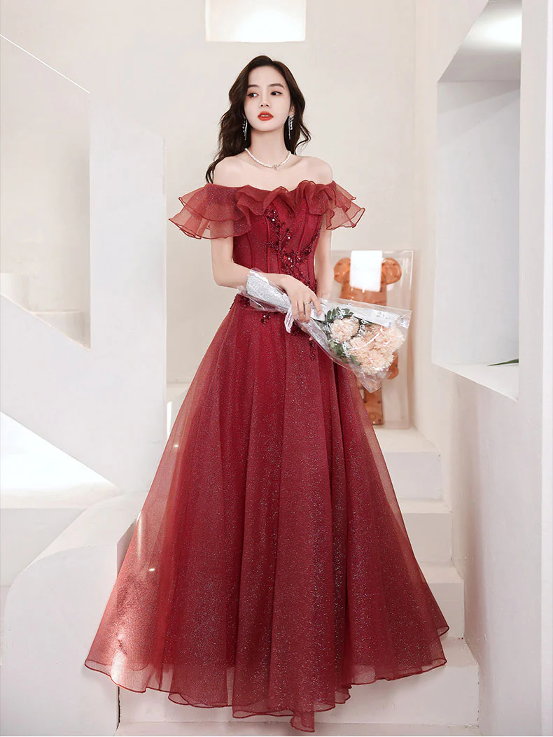 Burgundy Tulle Off Shoulder Long Prom Dress, Burgundy Evening Dress - Deanwangkt